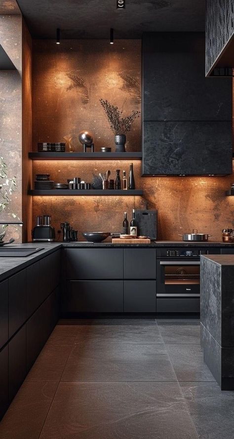 Interior Design Black And Gold, Industrial Design Kitchen, Interior Design Ideas Kitchen, Industrial Kitchen Ideas, Modern Dark Kitchen, Dark Kitchen Ideas, Small Kitchen Ideas On A Budget, Black And Gold Kitchen, Black Modern Kitchen