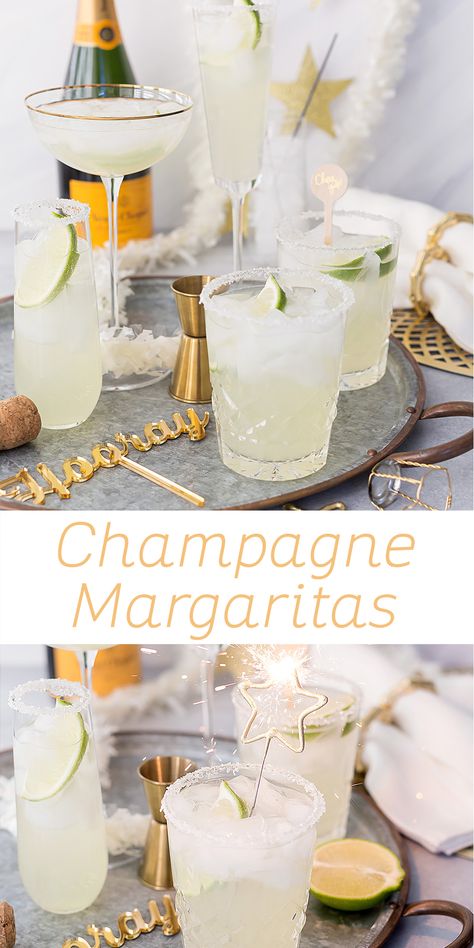 champagne margarita cocktail Mexican Champagne Cocktails, Sparkle Food Ideas, Margaritas, Sparkling Margarita Recipe, Drinks Alcohol Recipes New Years, Nye Party Drink Ideas, Nye Champagne Cocktails, Pretty Champagne Drinks, New Years Margarita Recipes