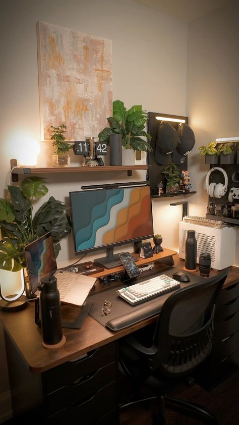 Gamer Table Setup, Wfh Desk Setup 2 Monitors, Couples Desk Setup, Earthy Gaming Setup, 2 Monitor Setup, Apartment Desk Setup, Two Monitor Desk Setup, Modern Desk Setup, Wfh Desk Setup