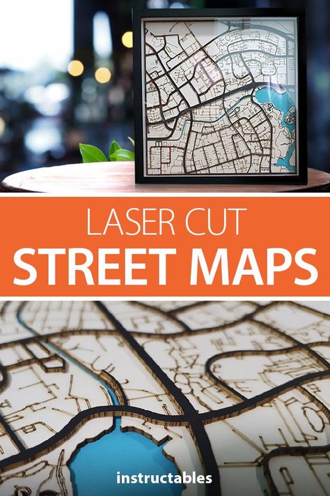 Create laser cut street maps for personalized wall art. #Instructables #decor #lasercut #workshop #woodworking Laser Home Decor Ideas, Laser Cut Board Games, Laser Gifts Ideas, Snapmaker 2.0 Projects, Laser Printing Ideas, Laser Engraving Business Ideas, Laser Engraver Projects Ideas, Unique Laser Cut Ideas, Laser Cut Games