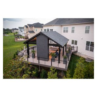 New Deck with Pavilion and Fireplace - Modern - Philadelphia - by Stump's Decks and Porches | Houzz Deck With Pavilion, Deck With Fireplace, Outdoor Pavillion, Fireplace Modern, Deck Fireplace, Covered Deck, Backyard Pavilion, New Deck, Covered Decks