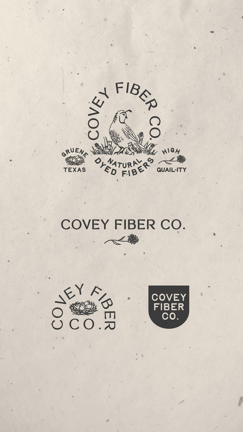 Structured feminine lettering meets hand drawn illustrations of quail coveys and nests alongside fields sprinkled with calendula flowers for the Covey Fiber Co. branding. A vintage and organic feeling is created when looking at the brand. This old world flair helps yarn connoisseurs identify Covey Fiber Co. as the most ethical brand you can get as if it came straight out of the “good ol’ days”.   Organic Brand Idenitity and Logo Design with Illustration Meadow Logo Design, Yarn Branding Design, Long Name Branding, Fall Logo Design, Thrift Store Branding, Old Logo Design, Farm Logo Design Branding, Organic Lettering, Cottage Branding