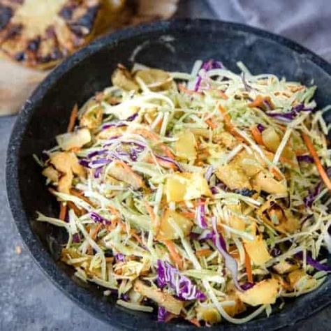 Grilled Pineapple Coleslaw with Citrus Vinaigrette - Vindulge Vinaigrette Coleslaw, Pineapple Coleslaw Recipe, Pineapple Coleslaw, Smoked Pork Ribs, Vegan Coleslaw, Citrus Vinaigrette, Pork Sandwiches, Homemade Coleslaw, Smoked Pulled Pork