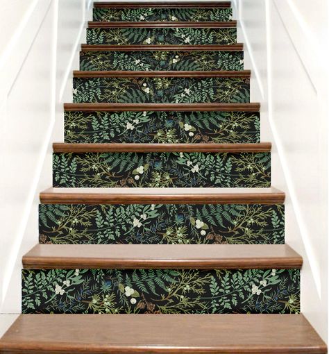 Stair Riser Decals Botanical, Dark Fern Stair Decals, Staircase Decals Peel & Stick Vinyl, Stair Riser Stickers, Stairway Decal Strips Decor - Etsy UK Stair Decals Staircases, Stair Riser Wallpaper, Decorated Stair Risers, Wallpapered Stairs Risers, Stair Stickers Vinyl Decals, Peel And Stick Wallpaper Stair Risers, Painted Outdoor Stairs, Stair Riser Ideas Diy, Staircase Riser Ideas