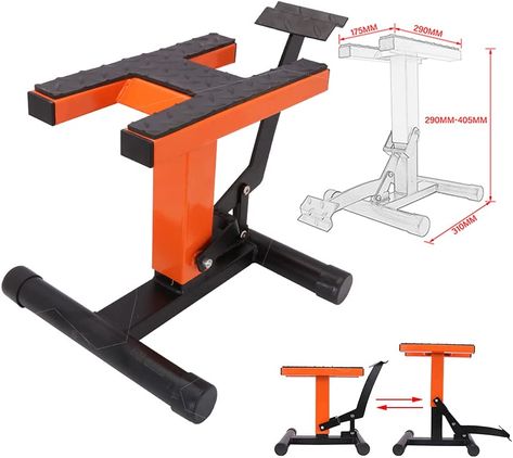 The MX lift stand Fully adjustable deck height allows fit for most bikes. Adjustable range: 29 cm (11.4 in) - 40.5 cm (15.9 in). This dirt bike repair stand is designed for holding up a dirt bike / motorcycle etc for service or storage Half Bike, Bike Stand Diy, Motorcycle Stand, Bike Repair Stand, Bike Lift, Dirt Bike Gear, Car Advertising Design, Diy Motorcycle, Road Motorcycle