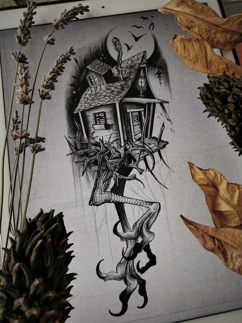 Witch House Tattoo, Baba Yaga House Tattoo, Witch House Drawing, Baba Yaga Tattoo, Babayaga Tattoo, Baba Yaga House, Hecate Goddess, Baba Jaga, Witch Tattoo