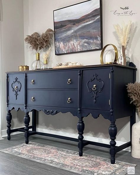 Jacobean Sideboard Makeover, Navy Blue Sideboard, Jacobean Furniture Makeover, Navy Buffet Sideboard, Jacobean Aesthetic, Deep Blue Furniture, Blue Buffet Sideboard, Navy Sideboard, Antique Buffet Table