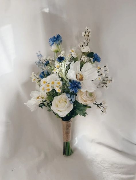 View Spring/Summer Bouquets by RomancePlace on Etsy Daisy And Blue Bouquet, White Cosmos Flowers, Faux Bridal Bouquet, Hoco Bouquet, Hoco Flowers, Prom Flowers Bouquet, Fake Bouquet, White Cosmos, Homecoming Flowers