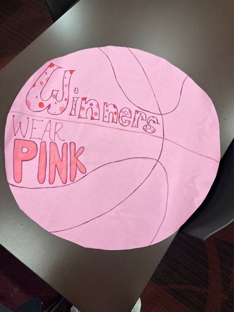 large paper pink basketball that says winners wear pink in various pink colors and patterns Pink Out Posters Basketball, Pink Out Student Section Posters, Pink Student Council Posters, Pink Out Run Through Signs Football, Pink Out Signs Football, Pink Out Poster Ideas, Pink Out Posters Volleyball, Pink Out Volleyball Posters, Pink Out Basketball Game