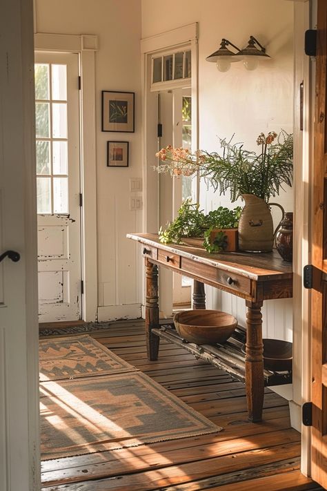 Cottagecore Entryway Ideas - Quiet Minimal Entry Hall Ideas, Cottagecore Entryway, Scandinavian Cottage Interior, Entryway Aesthetic, Minimal Farmhouse, Rustic Benches, Cottage Entryway, Dining Room Corner, Welsh Cottage