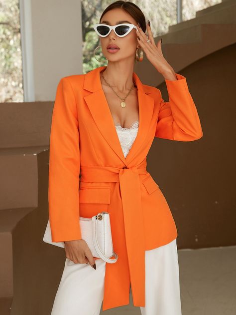 Orange Belt Outfit, All Orange Outfit, Neon Orange Outfit, Orange Blazer Outfits For Women, Orange Suit Women, Orange Outfits For Women, Elegant Orange Office Blazer, Fitted Orange Blazer With Long Sleeves, Orange Long Sleeve Formal Blazer