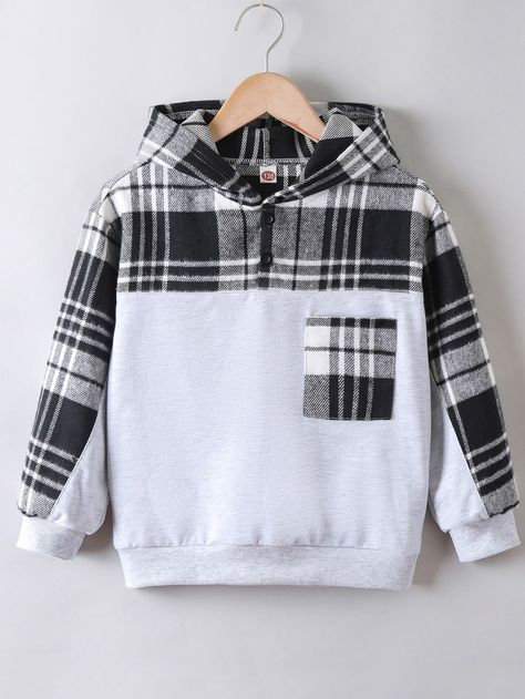 Black and White Casual  Long Sleeve Polyester Plaid Half Placket Embellished Slight Stretch Spring/Fall Boys Clothing Stylish Mens Suits, Diy Fashion Scarf, Diy Baby Clothes, Kids Frocks Design, Stylish Hoodies, Boys Plaid, Pocket Hoodie, Creation Couture, Boys Sweatshirts