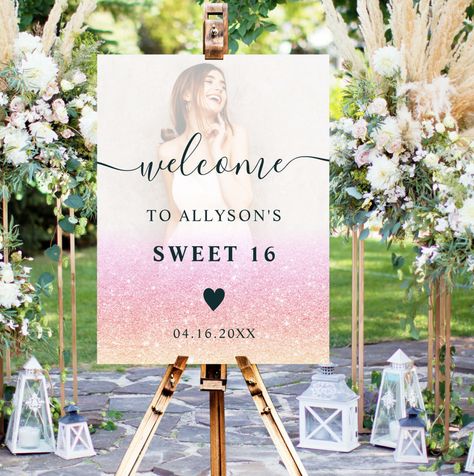 Sweet 16 Summer, Pink Glitter Ombre, Sweet 16 Party Themes, Posters Typography, Pink Sweet 16, Sweet Sixteen Birthday Party Ideas, Sweet 16 Themes, Girly Birthday Party, Birthday Posters