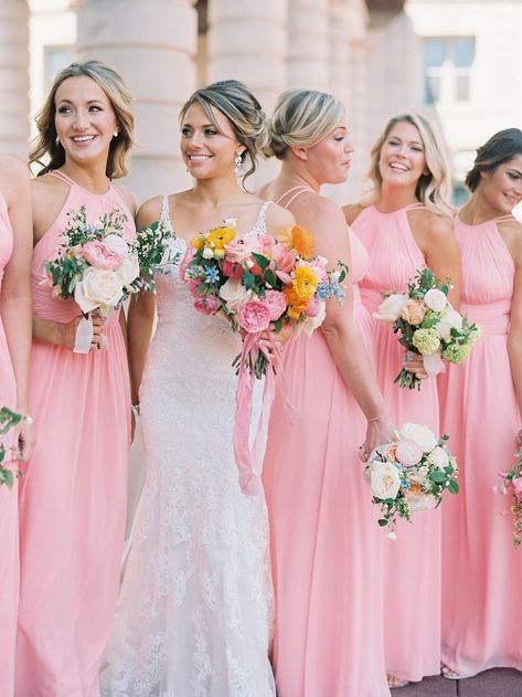 Bubblegum Pink Bridesmaids Dresses Added a Burst of Color to This Annapolis Wedding Wedding Dresses Pink, Pink Bridesmaids Dresses, Summer Bridesmaids, Pink Bridesmaids, Annapolis Wedding, Preppy Wedding, Burst Of Color, Stunning Bridesmaid Dresses, Pink Bridesmaid Dress