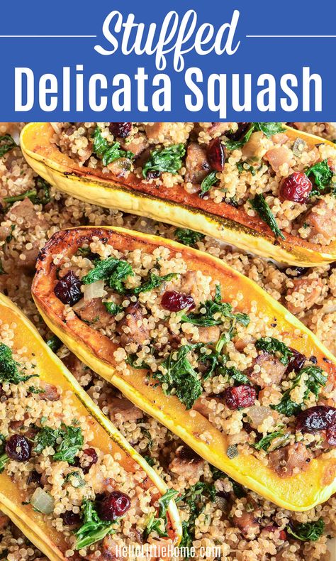 Looking for Delicata Squash Recipes? You’ll LOVE this Stuffed Delicata Squash! Learn how to make the BEST Stuffed Delicata Squash using simple, healthy ingredients: roasted squash, quinoa, kale, veggie sausage, cranberries, more. This Vegan + Vegetarian Stuffed Squash recipe is quick, easy, and full of tasty Italian flavors. Perfect for a Weeknight Dinner and special occasions ... great Veggie Main Course / Entrée for Thanksgiving or Christmas! Dairy Free + Gluten Free too. | Hello Little... Vegan Stuffed Squash, Africa Dishes, Stuffed Delicata Squash, Delicata Squash Recipe, Nuts And Dried Fruit, Cooking Vegetables, Stuffed Squash, Vegetarian Mains, Veggie Sausage