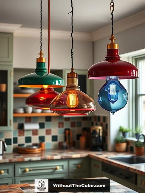 Retro pendant lights often elevate the aesthetic of any kitchen, infusing it with a spellbinding blend of nostalgia and modernity. With options ranging from rustic farmhouse styles to striking pendant clusters, these lighting fixtures serve as focal points that enhance both contemporary and rustic designs. Explore how these elements can transform your space. #HomeDecor #KitchenDesign #VintageLighting #EclecticStyle #RetroVibes #KitchenInspo Mismatched Pendant Lights, Light Fixtures Unique, Country Kitchen Lighting Ideas, Vintage Kitchen Lighting Ideas, Colorful Light Fixtures, Cafe Lighting Ideas, Cottage Kitchen Lighting, Vintage Lighting Ideas, Bar Lighting Ideas