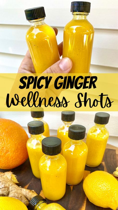 Give your immune system a boost this cold and flu season and make these easy and all natural spicy ginger wellness shots! Ginger Turmeric Wellness Shots, Ginger Cold Drink, Juicer Recipes Immune Boost, Holistic Healing Drinks, Turmeric Immunity Shots, Pineapple Wellness Shots, Easy Superfood Recipes, Ginger Wellness Shot Recipe, Ginger Energy Shots