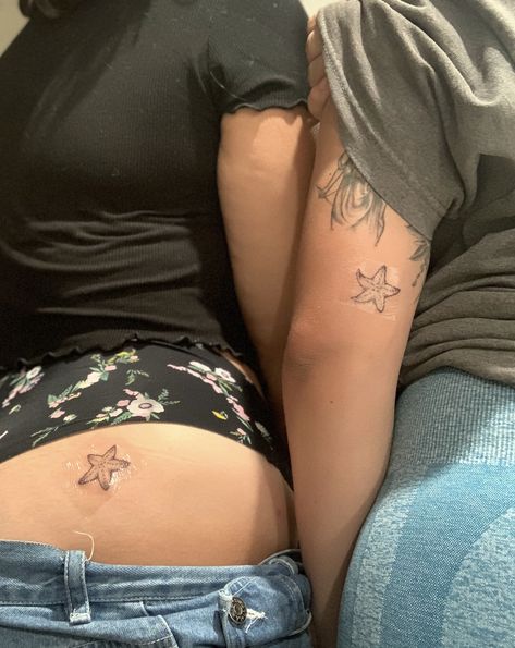 Seastar Tattoo Small, Little Starfish Tattoo, Sea Tatoos The Ocean, Simple Starfish Tattoo, Matching Holiday Tattoos, Starfish Tattoo Small, Sea Star Tattoo, Seastar Tattoo, Star Fish Tattoo