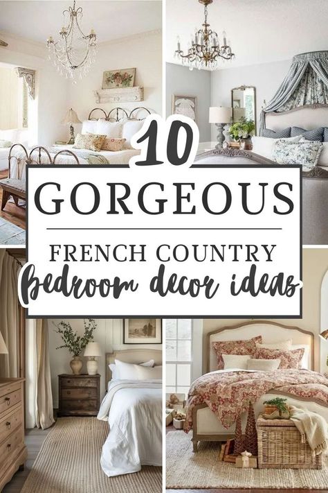 These French Country Bedroom decor ideas will have you.... Country Chic Master Bed, French Bedroom Colors, Country Romantic Bedroom, Modern Farmhouse Bedroom Master Suite French Country, Vintage Cottage Style Bedroom, French Country Chandelier Bedroom, White Rod Iron Bedroom Ideas, Cream Bedrooms Ideas, French Country Christmas Bedroom