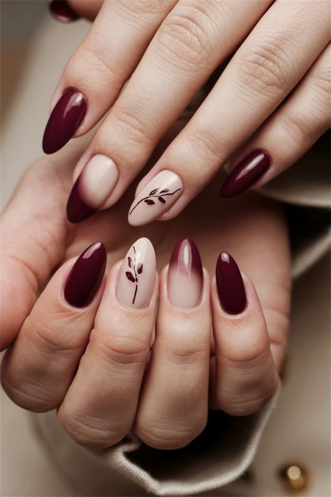 Embrace the beauty of the season with chic natural nails featuring stunning fall nail ideas that perfectly encapsulate autumn's essence. This stylish look combines rich burgundy and warm taupe hues, creating a sophisticated yet cozy vibe on your fingertips. The simplicity of the design highlights the elegance of natural nails, making them versatile for any occasion. Discover your next favorite fall nail idea and let your nails shine! Thanksgiving Nail Ideas Almond, Maroon Autumn Nails, Burgundy Nails For Fall, Fall Nail Designs Round Shape, Wedding Season Nails, Autumn Nails Round, Nails With Maroon Dress, November Wedding Nails, Maroon Thanksgiving Nails