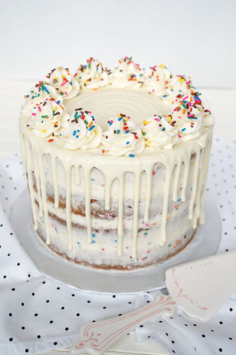 layered confetti drip cake | The Baking Fairy Funfetti Tiered Cake, Layered Confetti Cake, Confetti Cake Decorating Ideas, Confetti Cake Ideas, Funfetti Cake Decoration, Sprinkle Buttercream, Sprinkle Cakes, White Ganache, Canned Butter