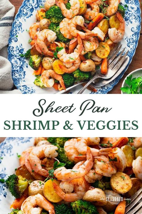 This sheet pan shrimp with vegetables is an entire dinner that bakes on one tray! With seasoned shrimp, crispy potatoes, and roasted broccoli and carrots, the easy meal is ready for the oven in just 10 minutes. Shrimp Tray Bake, Shrimp Sheet Pan Recipes, Sheet Pan Shrimp And Veggies, Shrimp With Vegetables, Potato And Asparagus Recipe, Roasted Broccoli And Carrots, Broccoli And Carrots, Seasoned Shrimp, Sheet Pan Shrimp