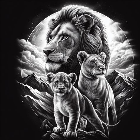 Lion With 2 Cubs Tattoo, Lion With 3 Cubs Tattoo, Lion Cub Tattoo, Bob Marley Tattoo, Lion And Lioness Tattoo, Lion Art Tattoo, Lioness And Cubs, Cubs Tattoo, Chest Ideas