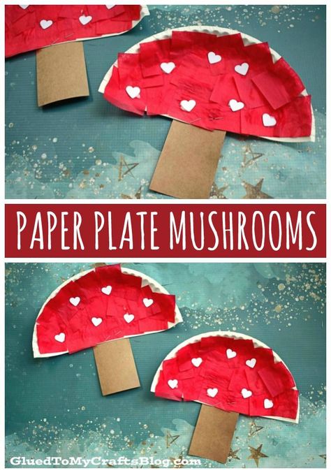 Paper Plate Mushrooms – Kid Craft Idea For Spring Montessori, Preschool Forest Crafts, Enchanted Forest Arts And Crafts, Enchanted Forest Preschool Activities, Mushroom Preschool Craft, August Daycare Crafts, Nature Crafts For Preschool, Easy Quick Crafts For Kids, Nature Themed Crafts For Kids