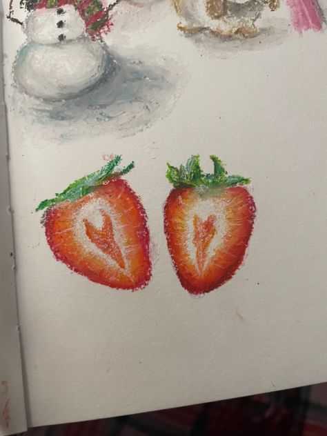 Sliced Strawberry Drawing, Drawing Ideas Oil Color, Crayon Fruit Drawing, Oil Pastel Fruit Drawings Easy, How To Draw Frosting, Oil Pastel Art Aesthetic Flowers, Tomato Oil Pastel, Oil Pastel Strawberry, Pastel Fruit Drawing