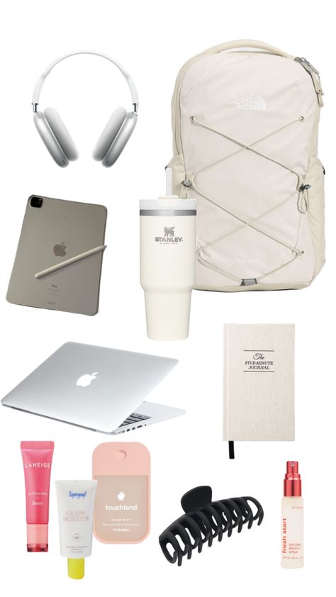 College Backpack Essentials Aesthetic, Aesthetic Things To Put In Your Backpack, Aesthetic Backpack College, Back To School Shuffle, Clean Girl Back To School Supplies, Back To School Essentials Aesthetic, Back To School Nail Inspo 2023, Clean Girl School Bag, Clean Girl Aesthetic School Supplies