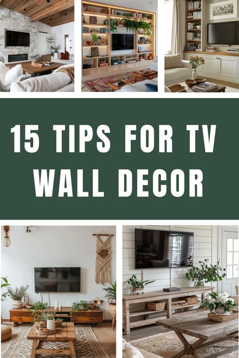 Try these tips to create a stylish TV wall by using a handful of decor items you might have around your home. What To Put On Tv Wall, Tv On Wall With Stand Underneath, Tv Stand Vs Wall Mount, Gallery Wall Around Tv Tv Stands, Prints Around Tv, Tv Above Sideboard Ideas, Behind Tv Wall Decor Bedroom, Picture Wall Around Tv, Entertainment Center Wall Decor