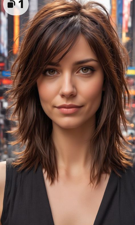 Haïr Style Medium Hair 2023, Shoulder Length Hair Layered With Bangs, Womens Hairstyles For Thick Hair, Angled Bangstyle Hair Medium, Choppy Layered Long Hair, Collarbone Length Hair With Layers Wavy, Fall Layered Hair, Shoulder Length Hair With Lots Of Layers, Haircuts For Fuller Face