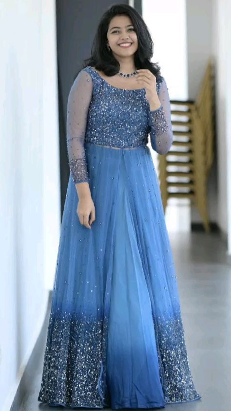 Blue Colour Gown Design, Reception Dress Ideas Indian, Birthday Party Wear Dresses Women, Churidar For Wedding, Long Frocks For Women Party Wear, Reception Dress For Bride Sister, Engagement Dress For Bride Sister, Gown Party Wear Reception Dresses, Engagement Gowns Indian