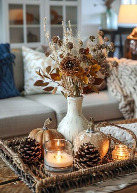 Autumn Coffee Table Decor, Centre Table Decor, Coffee Table Fall Decor, Indoor Fall Decor Ideas, Pumpkins And Candles, Fall Centerpiece Ideas, Fall Coffee Table Decor, Elegant Fall Decor, Indoor Fall Decor