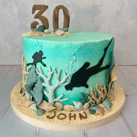 Buttercream diver cake Diving Theme Cake, Diver Birthday Cake, Ocean Theme Cake For Men, Scuba Diving Birthday Cake, Scuba Diver Cake, Scuba Diving Cake, Diver Cake, Scuba Cake, 60th Birthday Cake For Men