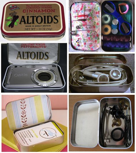 Organize with altoid tins. Mini sewing kit, place for earbuds, batteries, bobby pins. Now I'll have a bunch of decorated and labeled altoids tins in our junk drawer. My husband will think I'm even crazier then before. Mini Sewing Kit, Altoids Tin, Travel Smart, Altoids Tins, Altered Tins, Mint Tins, Lemon Oil, Candy Tins, Household Tips