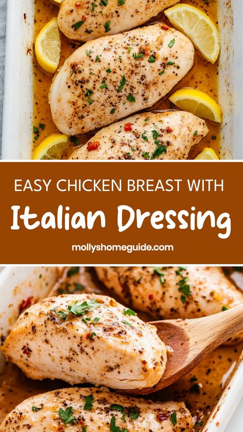 Treat your taste buds to a delightful experience with this succulent recipe featuring chicken breast marinated in zesty Italian dressing. A perfect blend of flavors that is sure to impress even the pickiest eaters at the table. Whether you're cooking for a weeknight dinner or hosting a special gathering, this dish is a guaranteed crowd-pleaser. Easy to prepare, yet so full of flavor, it's simply irresistible! Baked Chicken Recipes Italian Dressing, Chicken Baked In Italian Dressing, Chicken With Zesty Italian Dressing, Zesty Italian Dressing Chicken, Italian Dressing Recipe Chicken, Chicken Recipes With Italian Dressing, Italian Dressing Chicken Recipes, Easy Italian Chicken Recipes, Chicken In Italian Dressing