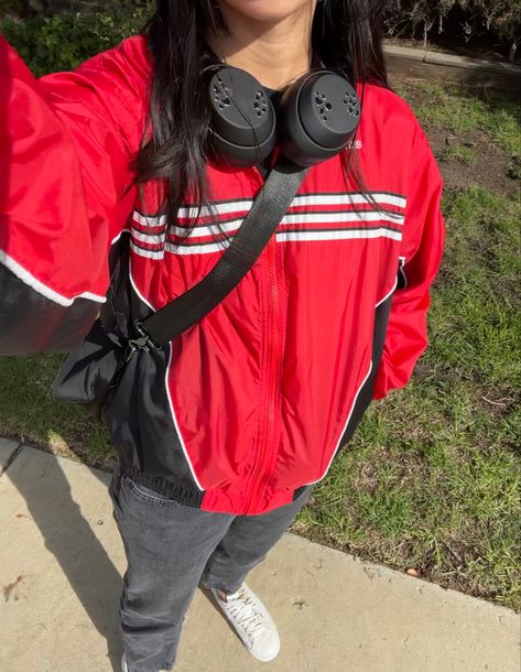 red windbreaker outfit with headphones Red Windbreaker Outfit, Windbreaker Outfit, Red Windbreaker, Fits Inspo, Red Outfit, Fitness Inspo, Headphones, Red, Quick Saves