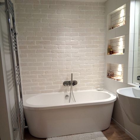 UK Feature Walls on Instagram: “Another bathroom making use of our Old White Brick Tiles - super modern 😎😍 #whitebricks #whitebrick #whitebricktiles #bricktiles #bricks…” White Brick Tiles Bathroom, Brick Bathroom Ideas, White Brick Bathroom, Exposed Brick Bathroom, White Brick Wall Interior, Brick Wall Bathroom, Brick Tiles Bathroom, White Tile Bathroom Walls, White Brick Tiles