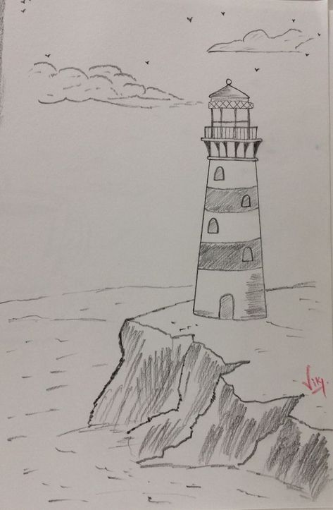 Lighthouse Landscape Drawing, Drawing Nature Ideas Easy, Pretty Buildings To Draw, Cute Drawings Landscape, Beach Pictures Drawing, How To Draw A Lighthouse, Easy Nature Drawings For Beginners, Drawing Buildings Sketch Easy, Cute Landscape Drawing