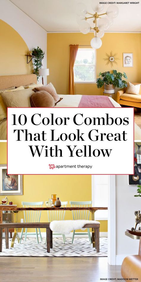 Yellow may seem like an intimidating color choice, but this cheery tone is really versatile. As a member of the warm color family, it packs a punch when paired with a variety of hues, from bright orange to cooler, complementary purple. Here are ten no-fail color combos for decorating with yellow.  #yellow #yellowdecor #colorpalette #yellowcolorpalette #colorcombos #thingsthatgowithyellow Red And Yellow Wall Paint Colors, Yellow Floor Living Room, Kitchens With Yellow Walls, Bathroom Yellow Walls, Bright Kitchen Wall Colors, Decorating With Yellow Accents, Pale Yellow Walls Living Room, Yellow Livingroomideas, Color Palettes With Yellow