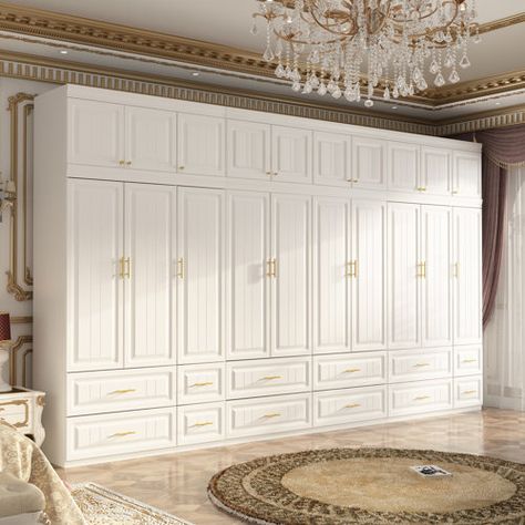 Red Barrel Studio® Amulree Solid + Manufactured Wood Armoire | Wayfair White Armoire Bedroom, Wall Of Closets Built Ins, Hallway Built In Cabinets, Hidden Closet Ideas, Floor To Ceiling Closet Doors, Wall Cabinet Bedroom, Built In Wardrobe Ideas Layout, Custom Closet Cabinets, Gold Closet