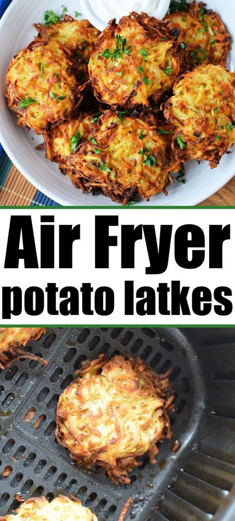 Air Fryer Latkes potato pancakes are great beyond just hannukah side dish. Potato pancakes in air fryer come out crispy made with flour or crushed Matzo crackers. #latkes Air Fryer Latkes, Potato Latkes Easy, Latkes Recipe Easy, Sweet Potato Latkes, Best Side Dish, Potato Latkes, Matzo Meal, Airfryer Recipes, Air Fry Recipes