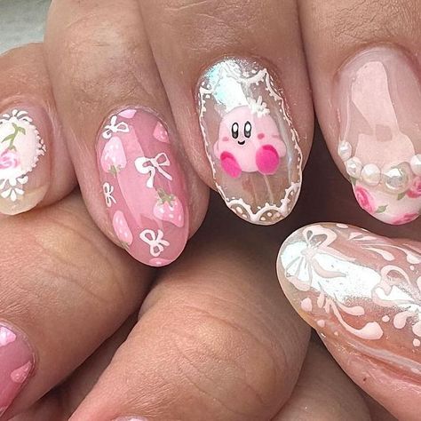 Noelle Fuyu Nails on Instagram: "Coquette Kirby 🎀

Pinky lace design inspo from @dreamylittlenails 🎀

From @sweetienailsupply (promo code FUYU10)
-Sheer pink gel— By Muse, Be My Muse BS.20

@kokoistusa (promo code FUYU10) 
-Markers line white (my favorite liner gel!) 
-darker pink of the rose design: Tulip Petal
-Ultra Glossy non wipe Top Coat

@icegel_global 
Chrome— Sunset Glow Powder Pink Platinum" Lace Nails Designs, Nails With Drawings, Kirby Nail Art, Pink And White Gel Nails, Pink Rose Nails, Drawing On Nails, Kirby Nails, Pink Nails Cute, Tulip Nail Art