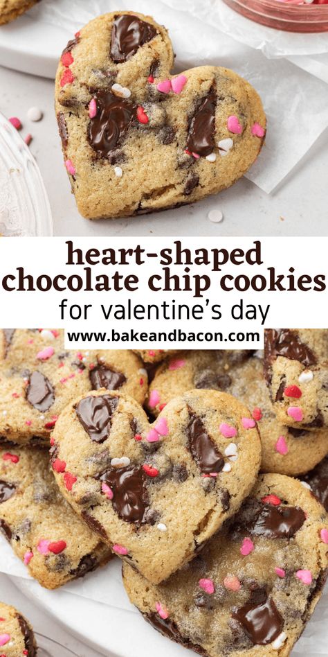 These heart-shaped chocolate chip cookies are perfect for valentines day! No chill time is required, so they're easy to make in under 30 minutes! Heart Cookies Chocolate Chip, Chocolate Chip Cookies Heart Shaped, Chocolate Chip Cookies Valentines Day, Heart Shaped Brownies Valentines, Chocolate Chip Heart Cookies, How To Make Heart Shaped Cookies, Heart Shape Chocolate Chip Cookies, Chocolate Chip Valentine's Day Cookies, Valentines Chocolate Chip Cookies