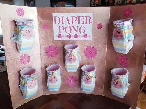 Nappy Pong Game, Diaper Pong Board Ideas, Diaper Toss Baby Shower Game, Diaper Pong Baby Shower Game Rules, Baby Shower Game Ideas For A Girl, Diaper Shower Games, Diaper Keg Games, Bottle Chugging Baby Shower Game, Nappy Pong