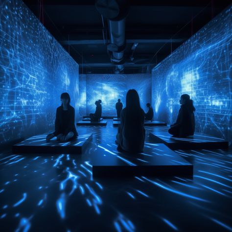 digital walls, cyberspace, meditation room, dark blue, immersive experience design Immersive Projection Room, Immersive Art Experience, Immersive Experience Art Installations, Immersive Experience Design, Projection Mapping Installation, Immersive Museum, Immersive Room, Immersive Design, Water Projection