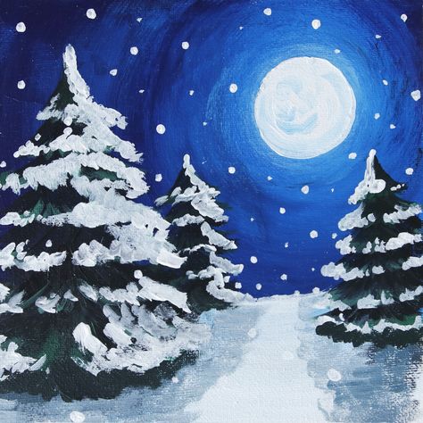 Easy Acrylic Painting | Winter Landscape | Acrylic Painting Tutorial For Beginners Painting Ideas For Winter, Cute Christmas Painting Ideas Easy, Tree With Snow Painting, Winter Landscape Drawing Easy, Winter Painting Simple, Snowy Paintings Easy, Easy Winter Paintings For Beginners Step By Step, Easy Acrylic Winter Paintings, Winter Landscape Painting Easy