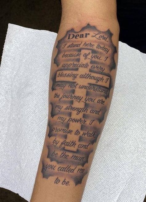 Tattoo Tribute To Grandfather, Inner Arm Tattoo For Men Bible Verse, Lord Forgive Me For My Sins Tattoo, Inner Forearm Tattoo Quotes, Qoutes Tattoos Ideas Men, Arm Tattoo Men Quotes, Mark 9:23 Tattoo Men, Love God Tattoo, Men God Tattoos