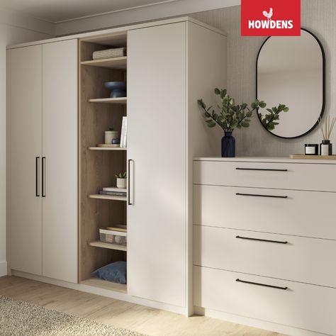 Transform your space with fitted wardrobe ideas and sleek modern chest of drawers. Explore our collection of fitted wardrobes, including stylish cream chest of drawers. Get inspired with bedroom ideas, especially cream bedroom ideas that add a touch of elegance. Find bedroom inspiration to create your dream master bedroom with a modern twist. Fitted Drawers Bedroom, Wardrobe And Chest Of Drawers Bedroom, Bedroom Wardrobe Ideas Small Room, Cream Fitted Wardrobes Bedroom, Howdens Wardrobes, Chest Drawer Decor Ideas Bedroom, Modern Cupboard Designs For Bedroom, Chest Of Drawers In Bedroom, Wardrobe Ideas For Small Bedrooms